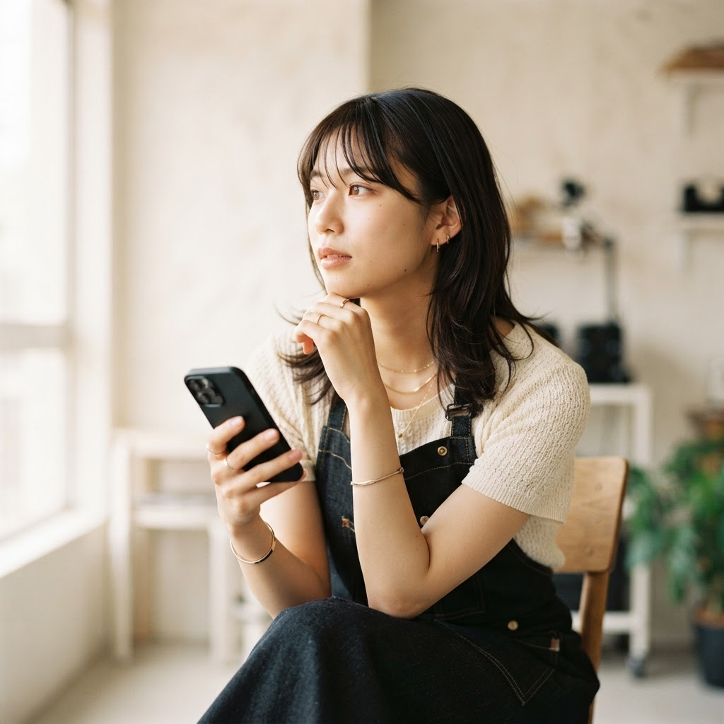 スマートフォンを手に、就職先を考える美容学生